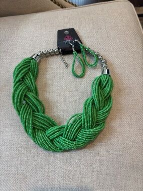 paparazzi Bold Braided Green Beaded Necklace with Loop Earrings
